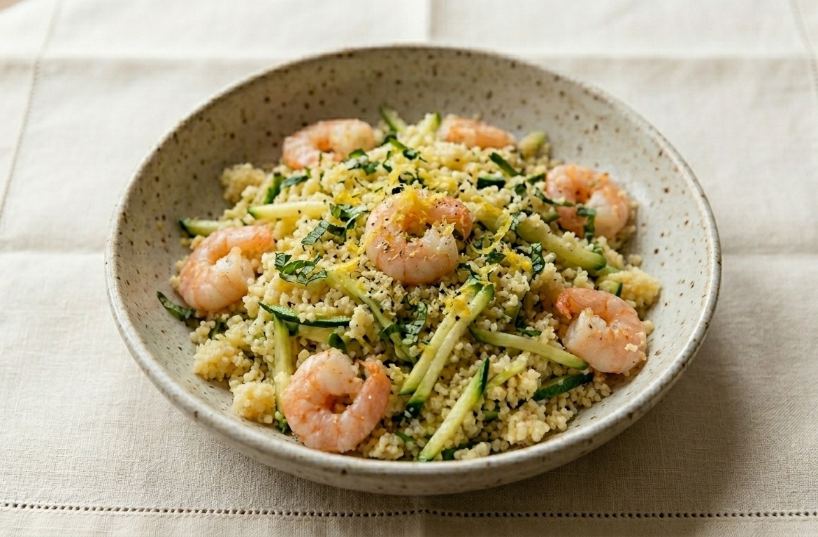 Cous Cous leggero con gamberetti, zucchine e profumo di limone